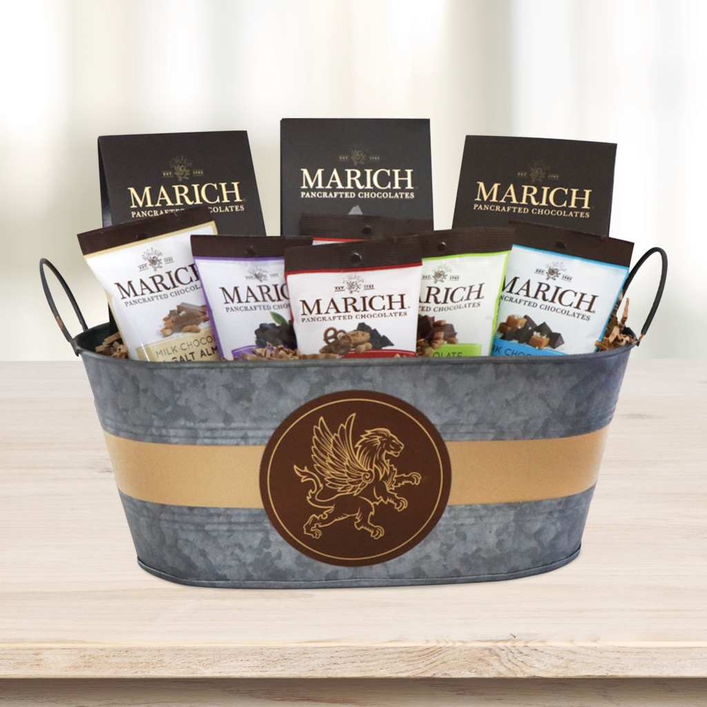 deluxe gift basket with variety of chocolates in metal basket